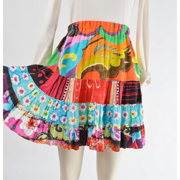 Vintage 90s Jams World Full Tiered Peasant Abstract Print Boho Mini Skirt M L - Picture 4 of 7
